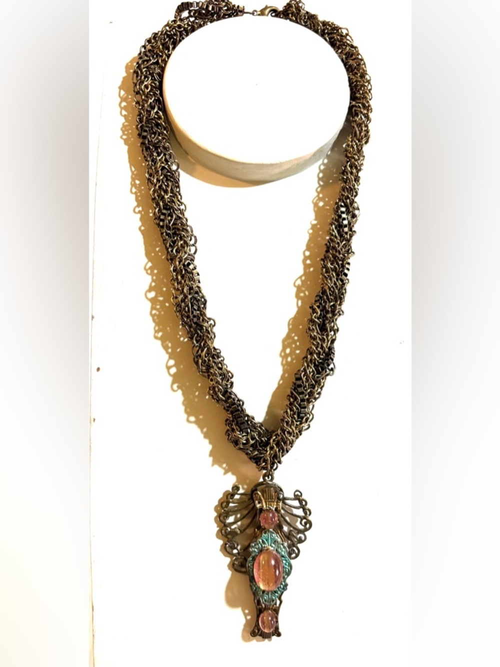 Vintage Bronze-Tone Multi-Chain Necklace with Pink and Turquoise Accents